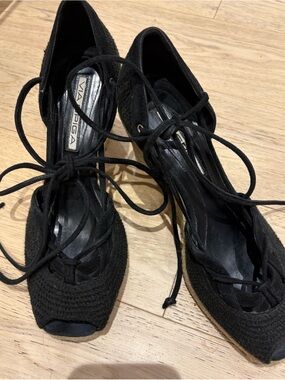 Via Spiga Black Lace-Up Wedge Peep Toe Espadrille